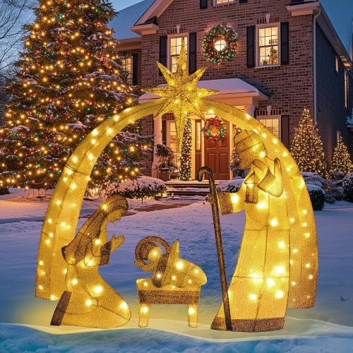 Christmas Decorations 55-inch Illuminated 2D Outdoor Nativity Scene, Christmas Arch Holy Family Yard Decoration, Includes LED Lights, Ground Pegs, and Cable Ties.