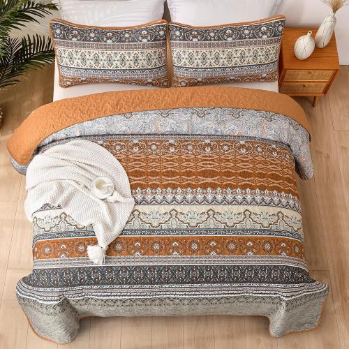 WONGS BEDDING Boho Queen Quilt Set, Brown and Grey Bohemian Quilt Bedding Set, Fall Lightweight Bed Decor Bedspread for All Season Reversible Microfiber Coverlet Bedding Set 96x90(3 Pieces)