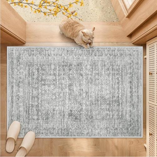 Washable Area Rug 2x3: Moroccan Entryway Rug Geometric Farmhouse Boho Throw Rug Non Slip Low Pile Soft Indoor Doormat for Entrance Bedroom Kitchen Hallway (Grey,2x3)