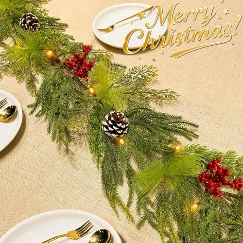 Prelit & Timer - 6FT Christmas Garland with Lights, Real Touch Norfolk Pine Garland Green Cedar Garlands Pine Needle Cypress Leaves Pinecone Red Berries Lighted Garland for Fireplace Table Xmas Decor