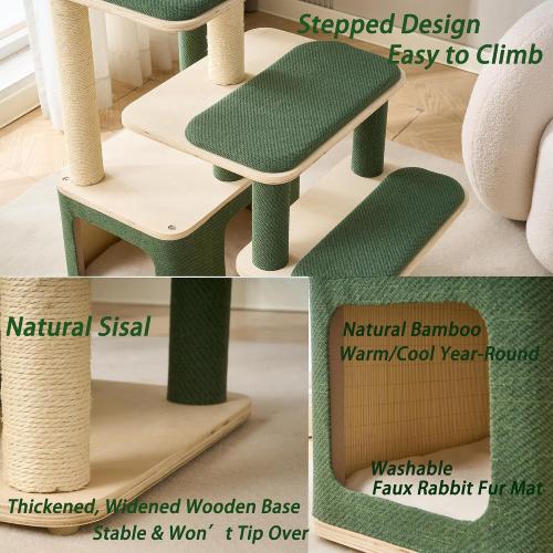 Modern Wood Cat Tree Tower for Large Cats - 43.5 Indoor Wooden Cat Condo with Sisal Scratching Posts, Washable Cushions, Large Top Perch & Easy Climb Steps for Elderly/Short-Legged Cats Multi-Cat Use