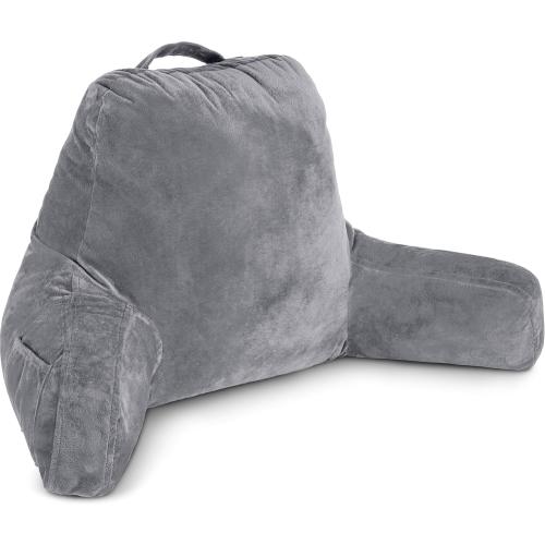 Husband Pillow Dark Grey, Standard  Original Reading Pillow in Bed Rest Chair, Shredded Memory Foam Large Lounge Cushion Adult Backrest w/Arms, Comfy Back Support for Sit Sitting Up, Removable Cover