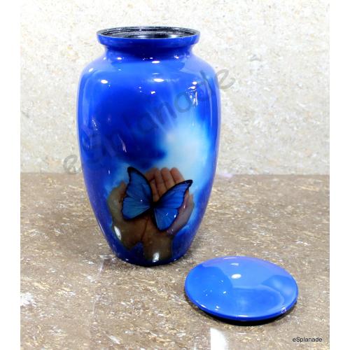 eSplanade Metal Cremation Urn Memorial Jar Pot Container | Full Size Urn for Funeral Ashes Burial | Butterfly Print | Blue - 10 Inches