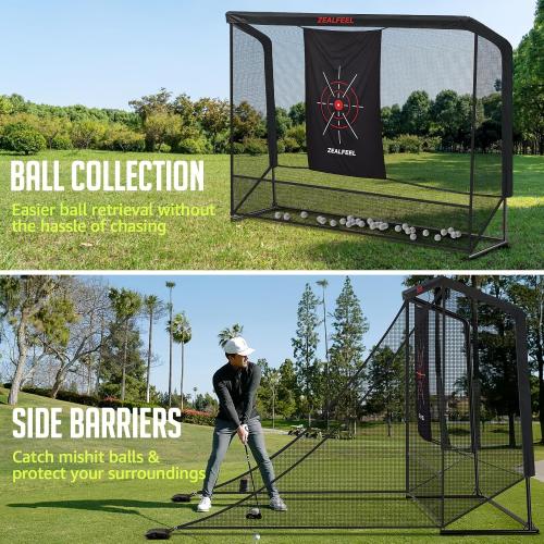 Zealfeel Golf Net, 10x7ft/8x8ft Golf Enclosure Net with Side Barriers/Auto-Ball Return, Low-Noise Target, Carry Bag, 4 Stakes, Hitting Practice Net for Backyard Driving Chipping Indoor Outdoor Use