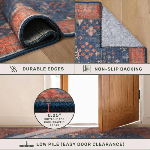 Large 3x5 Kitchen Rug Non Slip Machine Washable, Throw Rugs for Entryway Indoor, Floor Mat, Home Office Under Chair - Stain Resistant Non Skid Rubber Backing, Tribal Farmhouse Décor (3x5 Navy Blue)