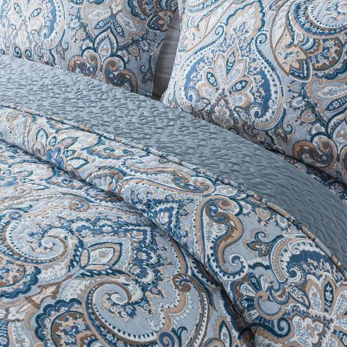 Blue and Brown Cotton Bedspread Quilt Sets-Reversible Patchwork Coverlet Set, Floral Pattern