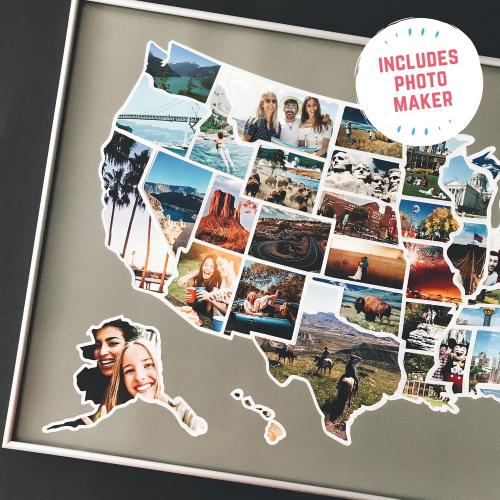 1DEA.me USA Photo Map - 50 States Travel Map - 24 x 36 in - Includes Secure Photo Maker - Easy to Use, Built to Last and Uniquely Yours - Unframed - Gray