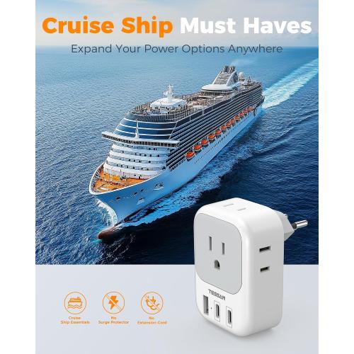 TESSAN Switzerland Travel Plug Adapter, Type J Switzerland Power Adapter with 4 Outlets 3 USB (2 USB-C), Swiss Plug for US to Rwanda Jordan Liechtenstein Madagascar, Travel Essentials