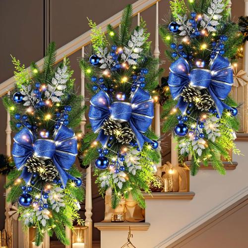 Lyrow 4 Pack Christmas Artificial Swags 24 Xmas The Cordless Prelit Stairway Swag Teardrop Trim Wreath Door Stair Garland Christmas Decoration for Outdoor Home Garden Decor(Blue,Novel Style)