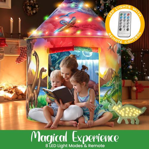 W&O Dinosaur Discovery Kids Tent with Roar Button, Dinosaur Toys and LED Lights - Epic Pop Up Tent for Boys & Girls - Perfect for Indoor & Outdoor Adventures
