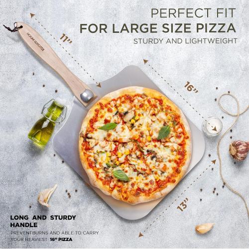 Large Pizza Peel 16 inch - Extra Large Metal Pizza Peel with 14 inch Stainless Steel Pizza Cutter Rocker, Pizza Paddle with Folding Handle (13x16 with 14 Cutter)