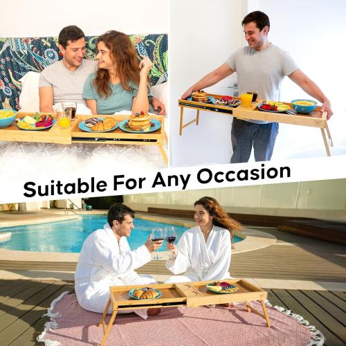 Breakfast Bed Table Tray for Two - One Piece, Dual Use Couple Bed Tray with Cup recesses - Food Trays for Eating on Couch, Space Saving Breakfast Table - Gift Ready - Acacia Wood