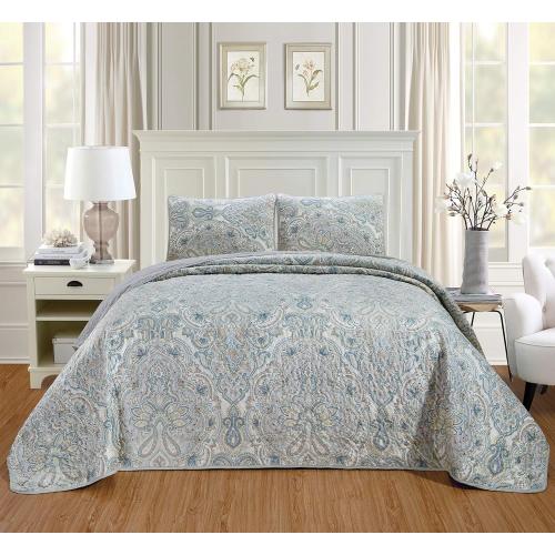 GrandLinen - 3-Piece Oversize King (115 X 95) Quilt Set Microfur Bedspread Coverlet Fine Printed Warm Winter Bed Cover (Aqua Green, Light Grey, Paisley)