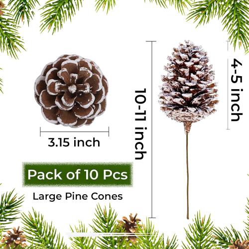 10 Pieces Large Christmas Pine Cones Decorations Picks - Frosted Snow Pine Cones for Christmas Tree, Garland Wreath Ornaments Home Decorating Pinecones Winter Holidays