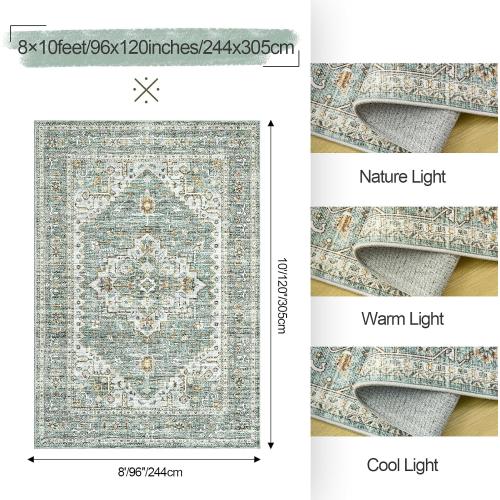 8x10 Area Rugs for Living Room, Stain Resistant Neutral Washable Rugs for Dining Room, Floral Vintage Non-Slip Thin Large Size Area Rug （Green）