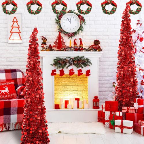 Aoriher 5 ft Pre-lit Pop up Christmas Tinsel Tree Decor Reusable Collapsible Artificial Sequins Slim Pencil Tree with Colorful String Lights for Holiday Party Home Indoor Outdoor(Red)