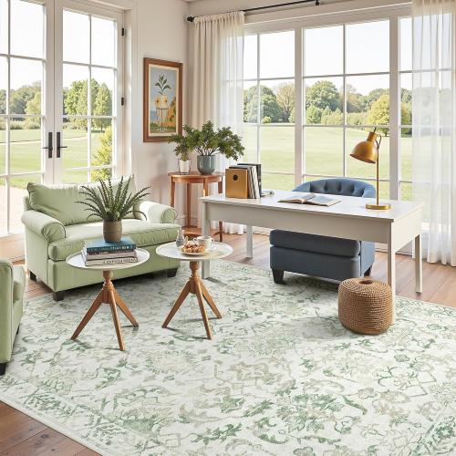 Green Area Rugs 8x10 Rugs for Living Room, Traditional Washable Rugs for Bedroom Distressed Large Area Rug Living Room Rug Non Slip Rug Carpet for Dining Nursery