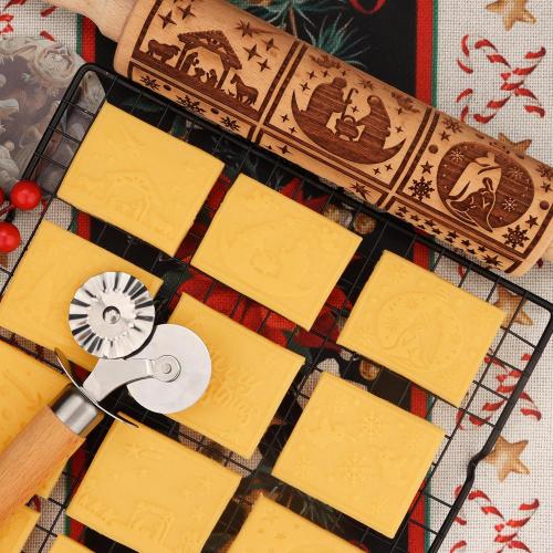 17 Premium Wooden Rolling Pins for Baking with Nativity Embossed Designs | 3mm Deep Springerle Cookie Molds | Christmas Rolling Pin & Baking Gifts for Women | Includes 3-in-1 Cleaning Brush