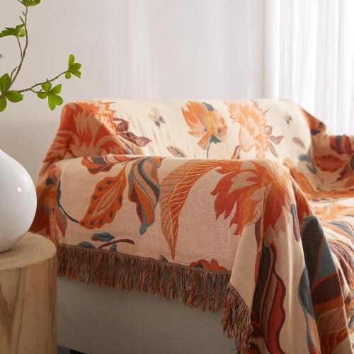 Size 90x98 Color Orange Boho Throw Blanket for Bed 90”x98”, 100% Cotton Woven Blanket for Couch Sofa, Ultra Soft 4-Layer Muslin Quilt with Floral Printed, Farmhouse Bed Blanket/Cover for Living Room Decor