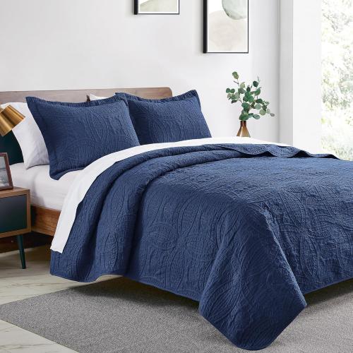 Love's cabin Quilts for Queen Bed Navy Blue Bedspreads - Soft Bed Summer Lightweight Bedspread Comforter - Modern Style Coin Pattern Coverlet for All Season - 3 Pieces (1 Quilt, 2 Pillow Shams)