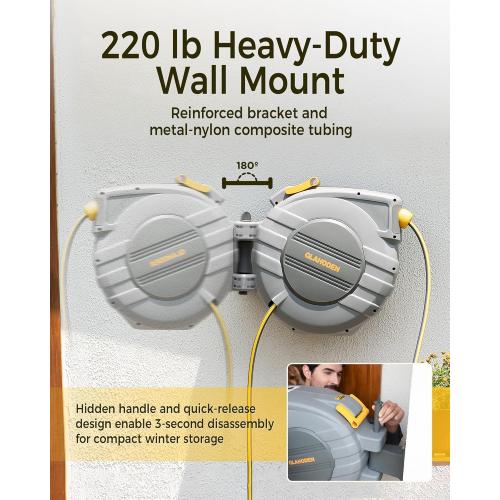 Retractable Garden Hose Reel 5/8 in x 65 ft, 2025 Upgraded Dual Ratchet Lock UV & Freeze Protection Brass Seal Slow Retraction Anti-Tangle Hose 180°Swivel Reinforced Scaffold Wall Mount