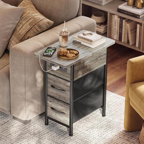 Huuger Narrow End Table with Charging Station, Side Table with 2 Drawers