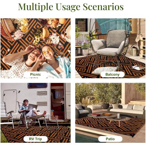 Black and Orange OPPODREAM Outdoor Rug Patio Waterproof, Large Outdoor Plastic Straw Rug, Reversible Out Door Carpet for Camping, Deck, Rv, Area Carpet for Balcony, Porch, Backyard