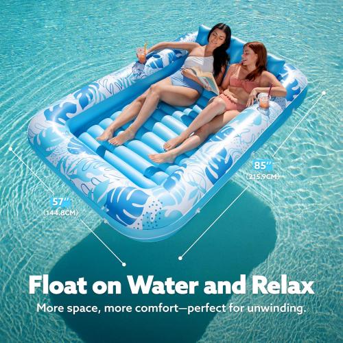 SLOOSH Inflatable Tanning Pool Lounger Float, 85 x 57 Extra Large Pool Floats Adult with Pillow, 4 in 1 Suntan Tub Raft Floatie,Sunbathing Bed Lounge for Water Blow Up Ball Pit Party Gifts, XL-Blue