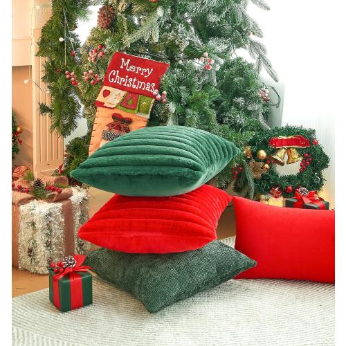 Pack of 2 Christmas Green Pillow Covers 18x18 Inch Decorative Throw Pillow Cover, Velvet Emerald Pillowcases for Couch Sofa Bed, Home Boho Decor, Modern Soft Cushion Covers