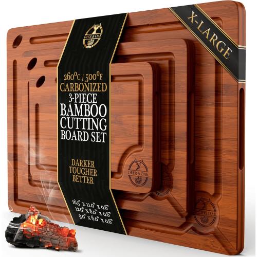Pre-Oiled, Non Toxic 3-Piece Carbonized Bamboo Cutting Board Set, Eco-Friendly Wooden Chopping Boards for Kitchen with Hanging Hole, 500°F Carbonized Technology Charcuterie Serving Boards Deer & Oak