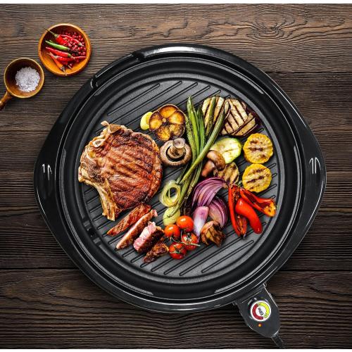 Elite Gourmet EMG-980B Smokeless Electric Tabletop Grill Nonstick, 6-Serving, Dishwasher Safe Removable Grilling Plate, Grill Indoor, Tempered Glass Lid, Adjustable Temperature, 14 Black