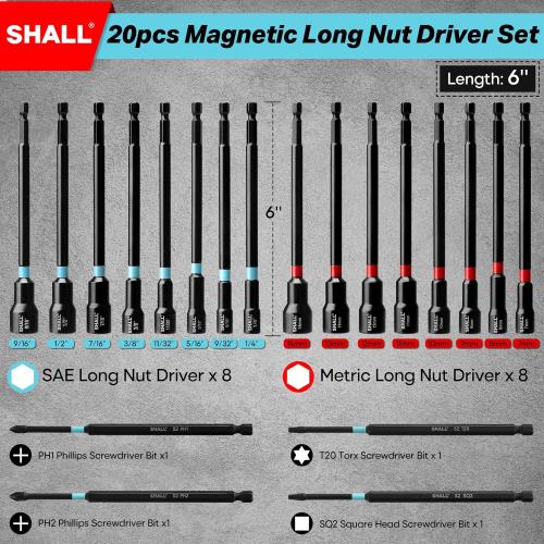 SHALL 20PCS Magnetic Nut Driver Set, 6” Long Nut Drivers for Impact Drill, SAE & Metric 1/4” Hex Shank Nut Driver Bit & Impact Drill Driver Bit w/Power Screwdriver Bits PH1/PH2/SQ2/T20, Storage Bag