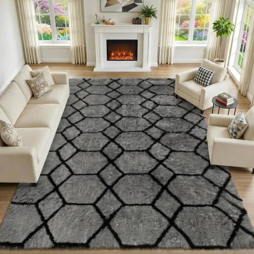 LARGE Area Rugs for Bedroom Living Room, Fluffy Grey and Black Bedside Rug for Nursery Kids Teen Dorm, Soft Shaggy Geometric Plush Fuzzy Indoor Floor Carpet for Home Decor Aesthetic