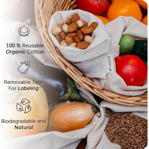 LEAFICO Multipurpose Eco Cloth Bags - Large 10x12 Inch (12 Pack) - Cotton Produce Storage Sacks - Muslin Drawstring Pouches for Vegetables - Bread Bags - Fabric Sachets