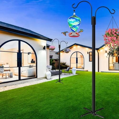 Double Shepherds Hooks for Outdoor, 2-Pack Heavy Duty Garden Pole for Hanging Bird Feeder, Plant Baskets, Solar Light Lanterns, Garden Plant Hanger Stands with 5 Base Prongs