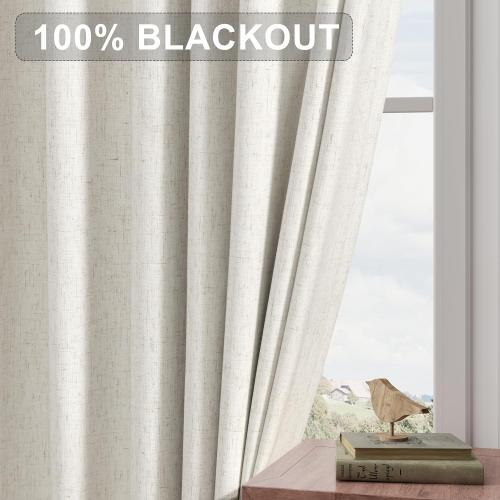 Joywell Linen 100% Blackout Curtains 102 Inches Long, Rod Pocket/Back Tab/Hook Belt/Clip Rings, Thermal Insulated Floor to Ceiling Drapes for Bedroom Living Room (2 Panels,W52 x L102,Natural Beige)