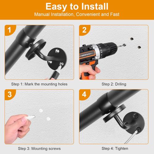12Ft Industrial Metal Stairs Handrail Kit, Sturdy Wall Mount Aluminum Hand Rail, Indoor Outdoor Stair Railing Wood Concrete Brick Wall,1.5 in Round Pipe Grab Bar, Matte Black-12FT