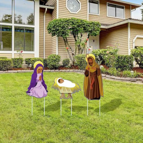Amyhill 3 Pieces African American Christmas Decorations Black Nativity Set Outdoor Large Nativity Scene Manger Scene Holy Religious Yard Sign Decoration for Holiday Garden Lawn Decor