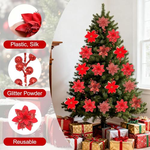 36 Pcs Poinsettia Flowers Artificial with Clips and Berry Stems Christmas Flowers Glitter Ornaments for Christmas Tree Wreath Fireplace Stairs Decorations (Red)