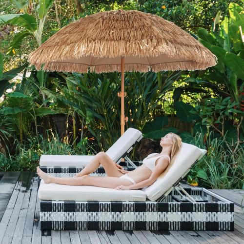 Brown Natural 6.5ft Hula Tahtched Tiki Patio Umbrella, Beach Umbrella Hawaiian Style with Hanging Hook and Tilt Design, 8 Ribs with Carry Bag for Outdoor Tiki Bar, Tropical Palapa, Garden, Pool, Natural