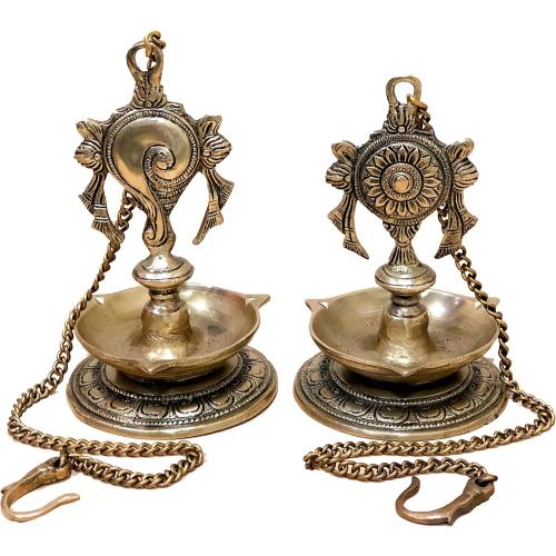 StonKraft - Pair of Brass Hanging Diya, Oil Lamp, Lamp for Home and Office (Hanging Length 25.75)