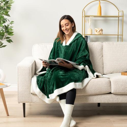 PAVILIA Sherpa Fleece Wearable Blanket for Adult Women, Cozy Plush Blanket Poncho Cape with Hood, Super Soft Shawl, Angel Wrap Throw for Office, Emerald Green