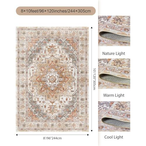 Washable Area Rug 8x10, Large Soft Rugs for Living Room Stain Resistant Non-Slip Backing Rugs for Bedroom, Vintage Clearance Large Area Rug (Turmeric/Grey,8'x10')