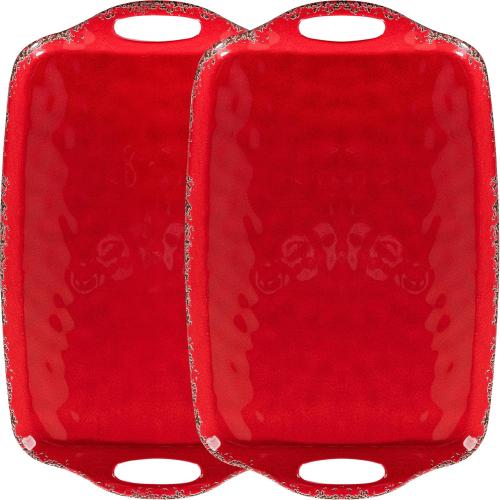 Set of 2 Color Red Christmas Large Melamine Serving Tray with Handle, Crackled Rustic Rectangle Melamine Serving Platter for Serving Food, Coffee Table Tray, Entertaining & Party Use, Set of 2, Christmas Red