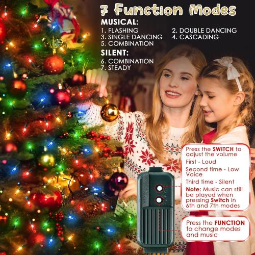 Enhon 300 Bulbs Musical Christmas Lights, Christmas Xmas Tree Music Lights with 25 Classical Holiday Songs, 7 Function Mode, Adjustable Volume and Mute, Green Wire for Xmas Tree (4 Color)