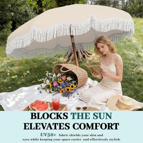 AreShark 7ft Patio Umbrella with Fringe, UPF50  Beach Umbrella for Table, Pool & Garden, Portable Outdoor Tassels Umbrella w/Fiberglass Ribs&Push Bottom Tilt(Ivory)