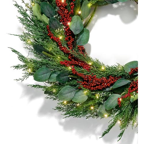 LampLust Winter Wreaths for Front Door Outside, 24 Inch Cypress & Eucalyptus Wreath with Red Berries 100 LED Lights, Timer, Battery Powered, Farmhouse Wreath Year Round, Winter Wreaths for Indoors