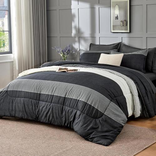 Andency Full Bed in a Bag 7 Pieces Comforter Set - Black White Grey Striped Lightweight Fully Breathable All Season Bedding Set with Comforter, Fitted & Flat Sheet, Pillowcases & Shams