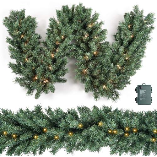 Christmas Garland 9ft with 50 Led, 330 Tips Prelit Fraser Fir Garland with 50 LED Lights, Lush and Classics Green Style for Indoor Outdoor Home Xmas Decoration