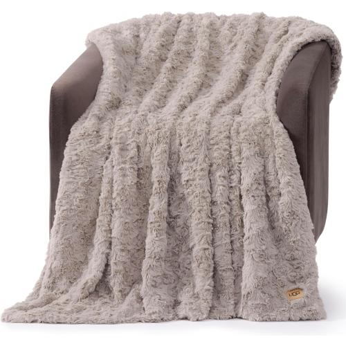 UGG Adalee Faux Fur Throw Blanket Luxury Lightweight Cozy Soft Throw for Couch Bed or Chair Hypoallergenic Machine Washable Double-Sided Fluffy Blanket Home Decor, 50-inch x 70-inch, Oyster Brown